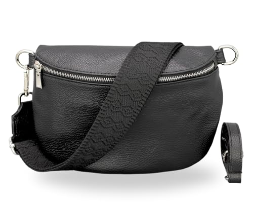 BRISE Damen Bauchtasche AFIA Handgemachte Umhängetasche Crossbody Bag Echtes Leder mit Ledergurt + Breiten Gemusterten Riemen 3 Fächer Stylische Made in Italy Gürteltasche (Schwarz - 5) von Brise Art