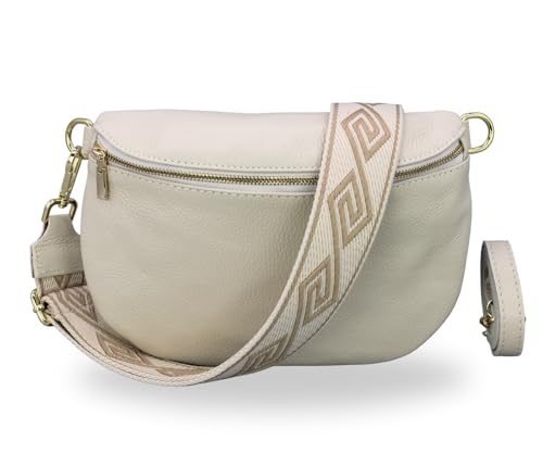 BRISE Bauchtasche Damen Echtleder AFIA Gold Handgemachte Umhängetasche Crossbody Bag mit Ledergurt + Optionalen Breiten Gemusterten Riemen 3 Fächer Hüfttasche Made in Italy (Beige-Gold 3) von Brise Art