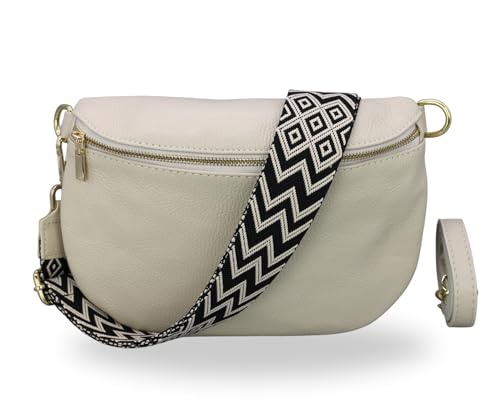 BRISE Bauchtasche Damen Echtleder AFIA Gold Handgemachte Umhängetasche Crossbody Bag mit Ledergurt + Optionalen Breiten Gemusterten Riemen 3 Fächer Hüfttasche Made in Italy (Beige-Gold 4) von Brise Art