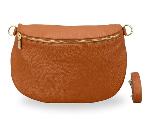 BRISE Bauchtasche Damen Echtleder AFIA Gold Handgemachte Umhängetasche Crossbody Bag mit Ledergurt 3 Fächer Hüfttasche Gürteltasche Made in Italy (Cognac Braun-Gold 1) von Brise Art