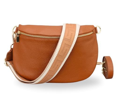 BRISE Bauchtasche Damen Echtleder AFIA Gold Handgemachte Umhängetasche Crossbody Bag mit Ledergurt + Optionalen Breiten Gemusterten Riemen 3 Fächer Hüfttasche Made in Italy (Cognac Braun-Gold 2) von Brise Art