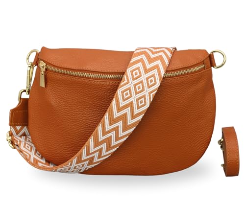 BRISE Bauchtasche Damen Echtleder AFIA Gold Handgemachte Umhängetasche Crossbody Bag mit Ledergurt + Optionalen Breiten Gemusterten Riemen 3 Fächer Hüfttasche Made in Italy (Cognac Braun-Gold 3) von Brise Art