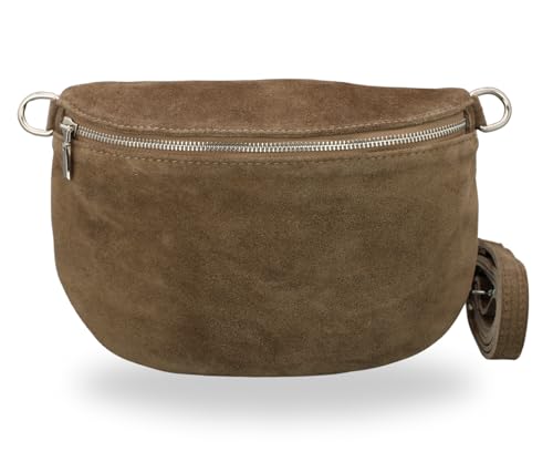 BRISE Bauchtasche Damen Wildleder AFIA Handgemachte Umhängetasche Crossbody Bag mit Ledergurt 3 Fächer Schultertasche Stylische Hüfttasche Gürteltasche Made in Italy (Dunkeltaupe-1) von Brise Art