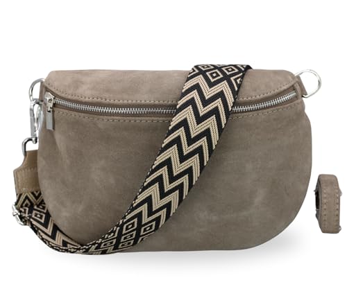 BRISE Damen Bauchtasche AFIA Handgemachte Umhängetasche Crossbody Bag aus Wildleder mit Ledergurt + Breiten Gemusterten Riemen 3 Fächer Stylische Made in Italy Gürteltasche (Dunkeltaupe - 2) von Brise Art