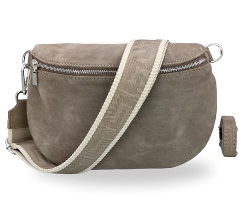 BRISE Damen Bauchtasche AFIA Handgemachte Umhängetasche Crossbody Bag aus Wildleder mit Ledergurt + Breiten Gemusterten Riemen 3 Fächer Stylische Made in Italy Gürteltasche (Dunkeltaupe - 3) von Brise Art