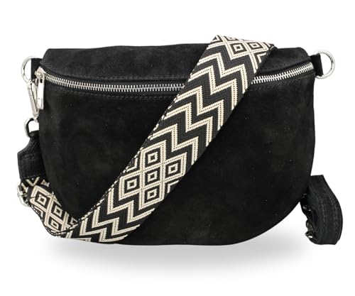BRISE Bauchtasche Damen Wildleder AFIA Handgemachte Umhängetasche Crossbody Bag mit Ledergurt + Optionalen Breiten Gemusterten Riemen 3 Fächer Stylische Hüftltasche Made in Italy (Schwarz - 2) von Brise Art