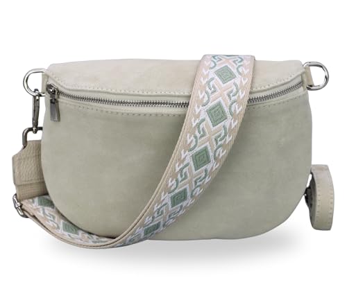 BRISE Damen Bauchtasche AFIA Handgemachte Umhängetasche Crossbody Bag aus Wildleder mit Ledergurt + Optionalen Breiten Gemusterten Riemen 3 Fächer Stylische Made in Italy Gürteltasche (Beige - 2) von Brise Art