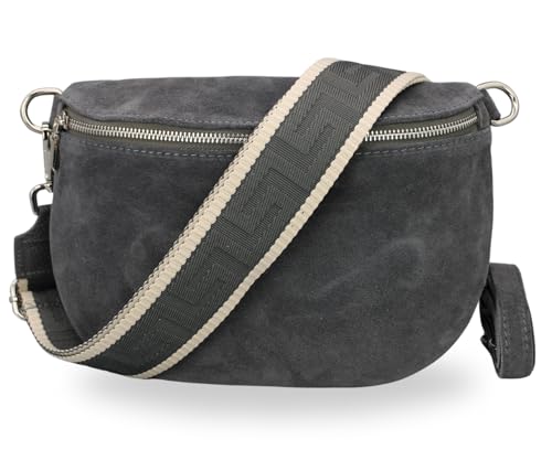 BRISE Bauchtasche Damen Wildleder AFIA Handgemachte Umhängetasche Crossbody Bag mit Ledergurt + Optionalen Breiten Gemusterten Riemen 3 Fächer Stylische Hüftltasche Made in Italy (Dunkelgrau-3) von Brise Art