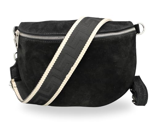 BRISE Bauchtasche Damen Wildleder AFIA Handgemachte Umhängetasche Crossbody Bag mit Ledergurt + Optionalen Breiten Gemusterten Riemen 3 Fächer Stylische Hüftltasche Made in Italy (Schwarz - 3) von Brise Art