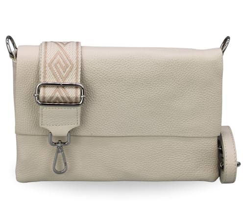 BRISE Damen Umhängetasche ELISA Schlanke Tasche mit 3 Fächer Handgemachte Crossbody Bag Echtes Leder mit Ledergurt + Optionalen Breiten Gemusterten Riemen Made in Italy Schultertasche (Beige-3) von Brise Art