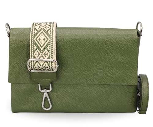 BRISE Damen Bauchtasche ELISA Schlanke Tasche mit 3 Fächer Handgemachte Crossbody Bag Echtes Leder mit Ledergurt + Breiten Gemusterten Riemen Made in Italy Schultertasche (Khaki-4) von Brise Art