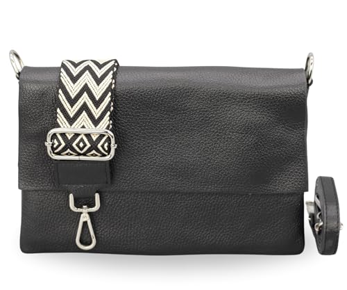 BRISE Damen Bauchtasche ELISA Schlanke Tasche mit 3 Fächer Handgemachte Crossbody Bag Echtes Leder mit Ledergurt + Breiten Gemusterten Riemen Made in Italy Schultertasche (Schwarz-3) von Brise Art