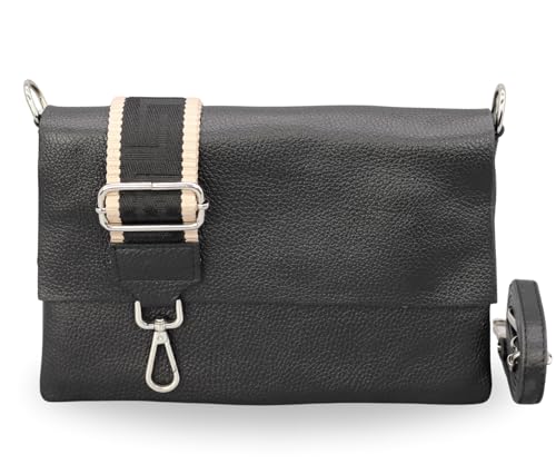 BRISE Umhängetasche Damen Echtes Leder ELISA Handgemachte Handtasche Kleine Schlanke Tasche 3 Fächer Crossbody Bag mit Ledergurt + Optionalen Breiten Gemusterten Riemen Made in Italy (Schwarz-4) von Brise Art