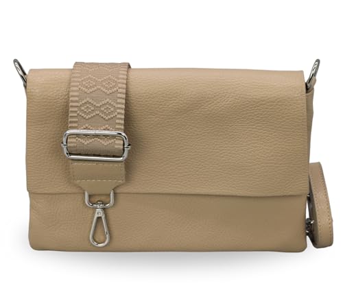 BRISE Umhängetasche Damen Echtes Leder ELISA Handgemachte Handtasche Kleine Schlanke Tasche 3 Fächer Crossbody Bag mit Ledergurt + Optionalen Breiten Gemusterten Riemen Made in Italy (Taupe-5) von Brise Art