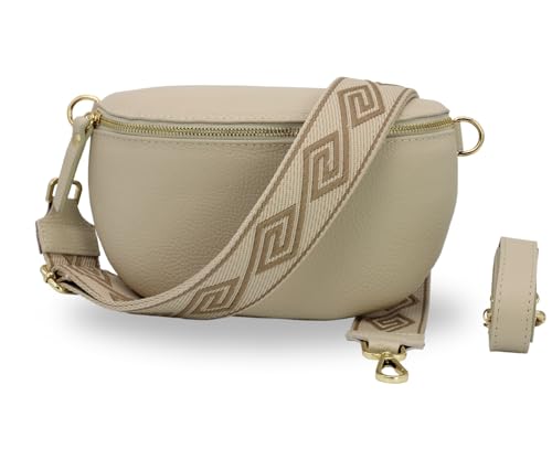 BRISE Damen Bauchtasche SAHEL Handgemachte Umhängetasche Crossbody Bag Gürteltasche Echtes Leder mit Ledergürtel + Breiten Gemusterten Riemen Stylische Made in Italy Hüfttasche (Beige-Gold 3) von Brise Art