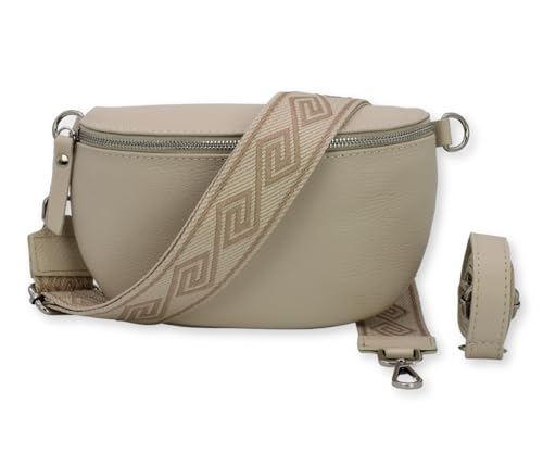 BRISE Damen Bauchtasche SAHEL Handgemachte Umhängetasche Crossbody Bag Gürteltasche Echtes Leder mit Ledergurt + Optionalen Breiten Gemusterten Riemen Made in Italy Hüfttasche (Beige-Silber 3) von Brise Art