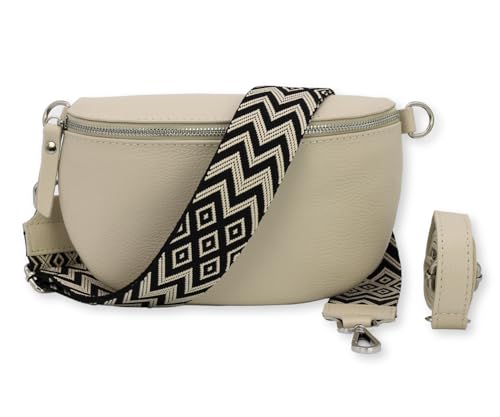 BRISE Damen Bauchtasche SAHEL Handgemachte Umhängetasche Crossbody Bag Gürteltasche Echtes Leder mit Ledergurt + Breiten Gemusterten Riemen Stylische Made in Italy Hüfttasche (Beige-Silber 4) von Brise Art