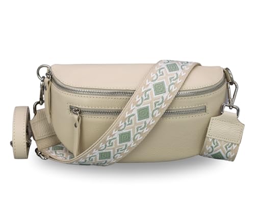 BRISE Damen Bauchtasche LUCIA Handgemachte Umhängetasche Crossbody Bag Echtes Leder mit Ledergurt + Optionalen Breiten Gemusterten Riemen 3 Fächer Stylische Made in Italy Gürteltasche (Beige - 2) von Brise Art