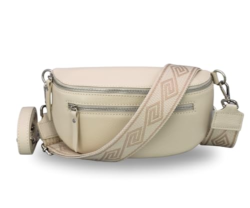 BRISE Damen Bauchtasche LUCIA Handgemachte Umhängetasche Crossbody Bag Echtes Leder mit Ledergurt + Optionalen Breiten Gemusterten Riemen 3 Fächer Stylische Made in Italy Gürteltasche (Beige - 3) von Brise Art