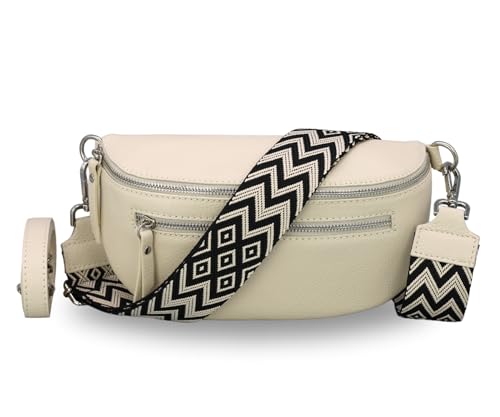 BRISE Bauchtasche Damen Echtes Leder Lucia Handgemachte Umhängetasche Crossbody Bag mit Ledergurt + Optionalen Breiten Gemusterten Riemen 3 Fächer Stylische Hüfttasche Made in Italy (Beige - 4) von Brise Art