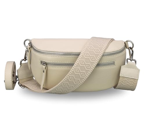 BRISE Damen Bauchtasche LUCIA Handgemachte Umhängetasche Crossbody Bag Echtes Leder mit Ledergurt + Breiten Gemusterten Riemen 3 Fächer Stylische Made in Italy Gürteltasche (Beige - 5) von Brise Art