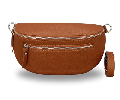 BRISE Damen Bauchtasche LUCIA Handgemachte Umhängetasche Crossbody Bag Echtes Leder mit Ledergurt + Breiten Gemusterten Riemen 3 Fächer Stylische Made in Italy Gürteltasche (Cognac Braun - 1) von Brise Art