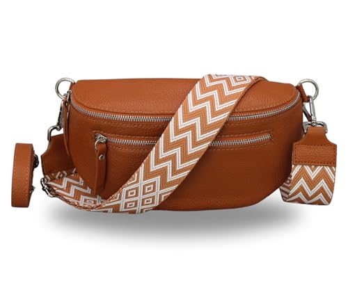 BRISE Damen Bauchtasche LUCIA Handgemachte Umhängetasche Crossbody Bag Echtes Leder mit Ledergurt + Breiten Gemusterten Riemen 3 Fächer Stylische Made in Italy Gürteltasche (Cognac Braun - 3) von Brise Art