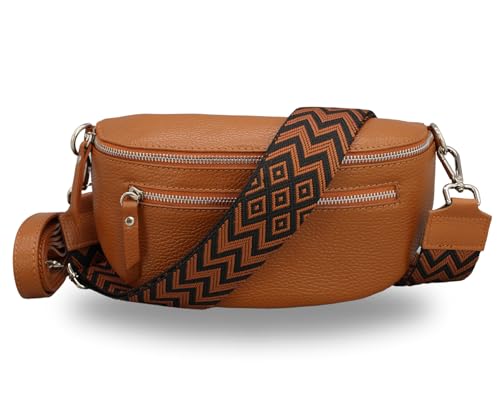 BRISE Damen Bauchtasche LUCIA Handgemachte Umhängetasche Crossbody Bag Echtes Leder mit Ledergurt + Breiten Gemusterten Riemen 3 Fächer Stylische Made in Italy Gürteltasche (Cognac Braun - 4) von Brise Art