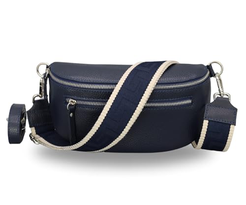 BRISE Bauchtasche Damen Echtes Leder Lucia Handgemachte Umhängetasche Crossbody Bag mit Ledergurt + Optionalen Breiten Gemusterten Riemen 3 Fächer Stylische Hüfttasche Made in Italy (Dunkelblau - 3) von Brise Art