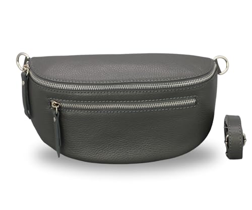 BRISE Damen Bauchtasche LUCIA Handgemachte Umhängetasche Crossbody Bag Echtes Leder mit Ledergurt + Breiten Gemusterten Riemen 3 Fächer Stylische Made in Italy Gürteltasche (Dunkelgrau - 1) von Brise Art