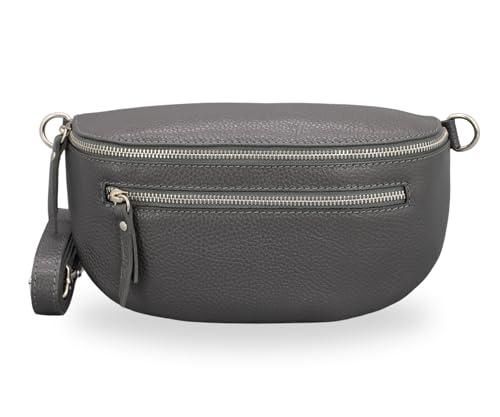 BRISE Bauchtasche Damen Echtes Leder Lucia Handgemachte Umhängetasche Crossbody Bag mit Ledergurt 3 Fächer Stylische Hüfttasche Gürteltasche Made in Italy (Dunkelgrau - 1) von Brise Art