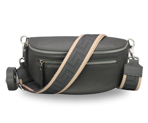 BRISE Damen Bauchtasche LUCIA Handgemachte Umhängetasche Crossbody Bag Echtes Leder mit Ledergurt + Breiten Gemusterten Riemen 3 Fächer Stylische Made in Italy Gürteltasche (Dunkelgrau - 2) von Brise Art