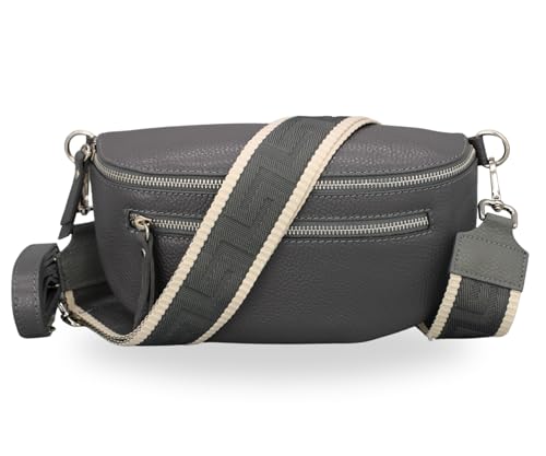 BRISE Bauchtasche Damen Echtes Leder Lucia Handgemachte Umhängetasche Crossbody Bag mit Ledergurt + Optionalen Breiten Gemusterten Riemen 3 Fächer Stylische Hüfttasche Made in Italy (Dunkelgrau - 3) von Brise Art