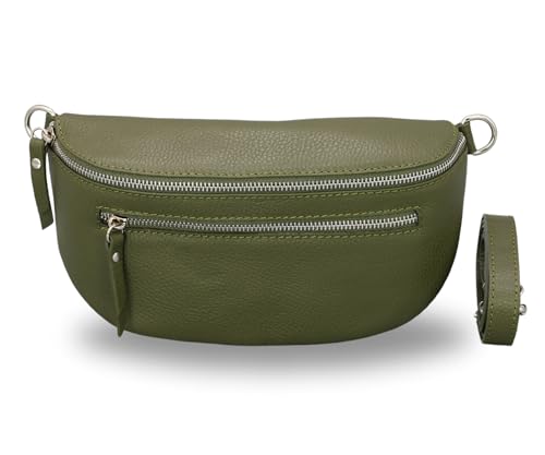 BRISE Damen Bauchtasche LUCIA Handgemachte Umhängetasche Crossbody Bag Echtes Leder mit Ledergurt + Breiten Gemusterten Riemen 3 Fächer Stylische Made in Italy Gürteltasche (Khaki - 1) von Brise Art