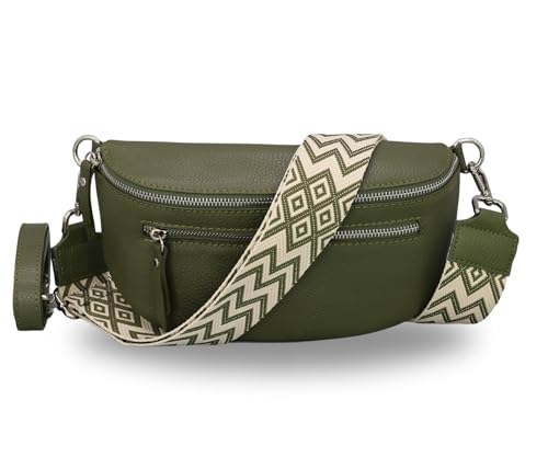 BRISE Damen Bauchtasche LUCIA Handgemachte Umhängetasche Crossbody Bag Echtes Leder mit Ledergurt + Breiten Gemusterten Riemen 3 Fächer Stylische Made in Italy Gürteltasche (Khaki - 2) von Brise Art