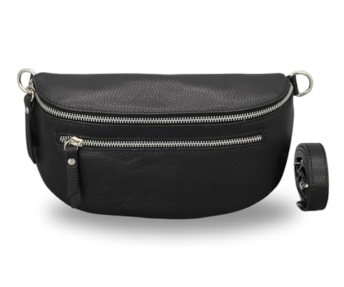 BRISE Bauchtasche Damen Echtes Leder Lucia Handgemachte Umhängetasche Crossbody Bag mit Ledergurt 3 Fächer Stylische Hüfttasche Gürteltasche Made in Italy (Schwarz - 1) von Brise Art