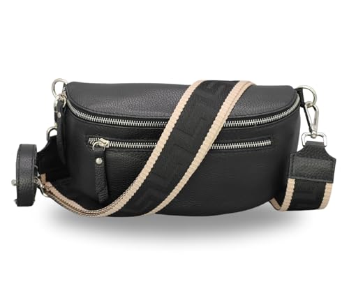 BRISE Bauchtasche Damen Echtes Leder Lucia Handgemachte Umhängetasche Crossbody Bag mit Ledergurt + Optionalen Breiten Gemusterten Riemen 3 Fächer Stylische Hüfttasche Made in Italy (Schwarz - 3) von Brise Art