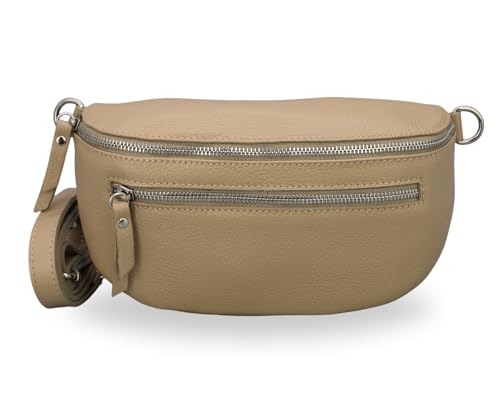 BRISE Damen Bauchtasche LUCIA Handgemachte Umhängetasche Crossbody Bag Echtes Leder mit Ledergurt + Breiten Gemusterten Riemen 3 Fächer Stylische Made in Italy Gürteltasche (Taupe - 1) von Brise Art