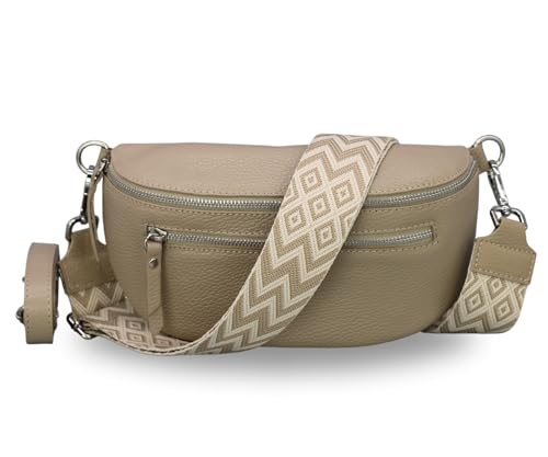 BRISE Damen Bauchtasche LUCIA Handgemachte Umhängetasche Crossbody Bag Echtes Leder mit Ledergurt + Breiten Gemusterten Riemen 3 Fächer Stylische Made in Italy Gürteltasche (Taupe - 4) von Brise Art