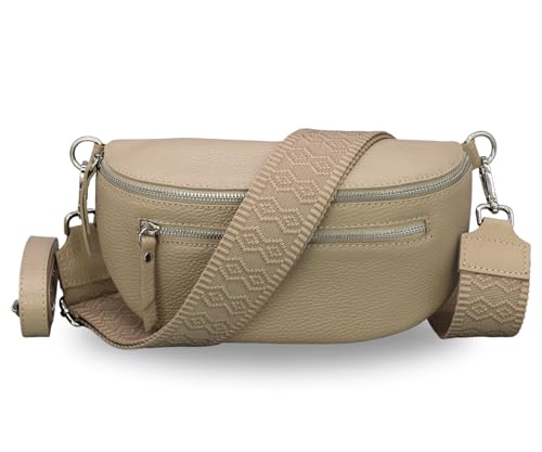 BRISE Damen Bauchtasche LUCIA Handgemachte Umhängetasche Crossbody Bag Echtes Leder mit Ledergurt + Breiten Gemusterten Riemen 3 Fächer Stylische Made in Italy Gürteltasche (Taupe - 5) von Brise Art