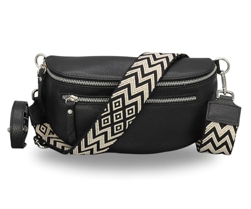 BRISE Bauchtasche Damen Echtes Leder Lucia Handgemachte Umhängetasche Crossbody Bag mit Ledergurt + Optionalen Breiten Gemusterten Riemen 3 Fächer Stylische Hüfttasche Made in Italy (Schwarz - 2) von Brise Art