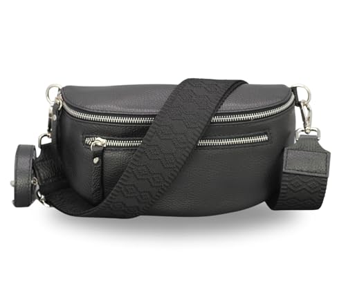 BRISE Bauchtasche Damen Echtes Leder Lucia Handgemachte Umhängetasche Crossbody Bag mit Ledergurt + Optionalen Breiten Gemusterten Riemen 3 Fächer Stylische Hüfttasche Made in Italy (Schwarz - 4) von Brise Art
