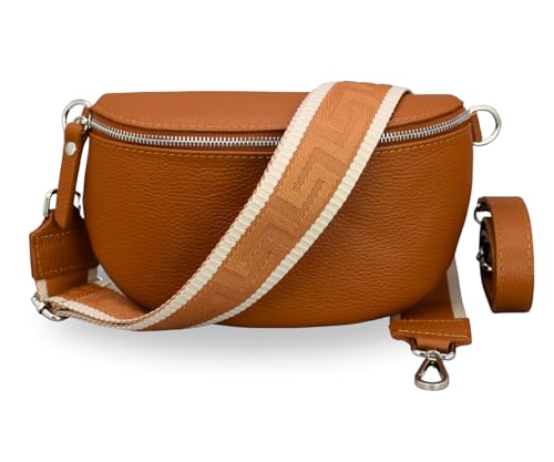 BRISE Damen Bauchtasche SAHEL Handgemachte Umhängetasche Crossbody Bag Gürteltasche Echtes Leder mit Ledergurt + Breiten Gemusterten Riemen Stylische Made in Italy Hüfttasche (Cognac Braun-Silber2) von Brise Art