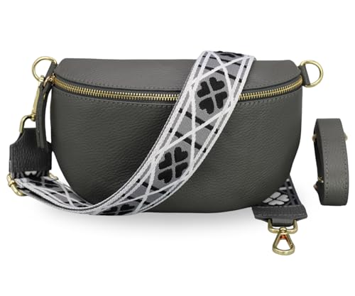 BRISE Damen Bauchtasche SAHEL Handgemachte Umhängetasche Crossbody Bag Gürteltasche Echtes Leder mit Ledergurt + Breiten Gemusterten Riemen Stylische Made in Italy Hüfttasche (Dunkelgrau-Gold 3) von Brise Art