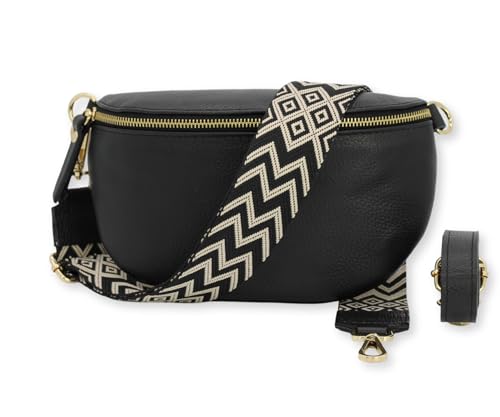 BRISE Bauchtasche Damen Echtleder SAHEL Gold Handgemachte Umhängetasche Crossbody Bag Hüfttasche mit Ledergurt + Optionalen Breiten Gemusterten Riemen Gürteltasche Made in Italy (Schwarz-Gold 2) von Brise Art