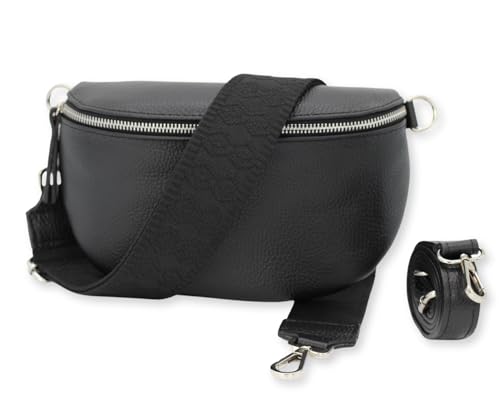 BRISE Damen Bauchtasche SAHEL Handgemachte Umhängetasche Crossbody Bag Gürteltasche Echtes Leder mit Ledergurt + Breiten Gemusterten Riemen Stylische Made in Italy Hüfttasche (Schwarz-Silber 5) von Brise Art