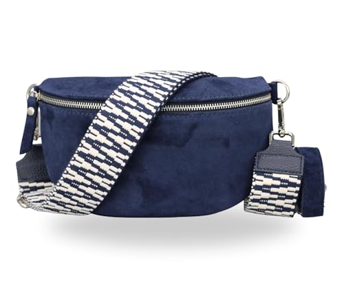 BRISE Damen Bauchtasche SAHEL Handgemachte Umhängetasche Crossbody Bag Gürteltasche Echtes Wildleder mit Ledergurt + Breiten Gemusterten Riemen Stylische Made in Italy Hüfttasche (Dunkelblau 4) von Brise Art