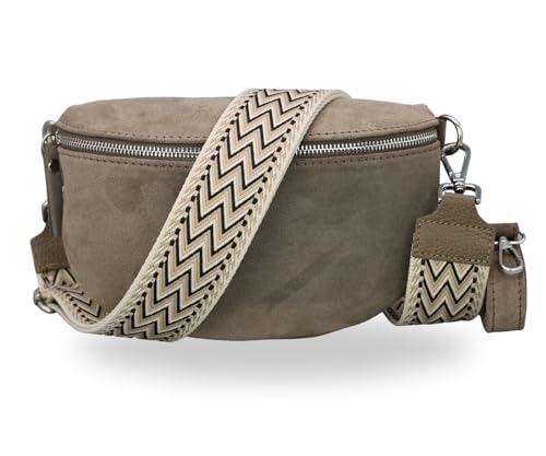 BRISE Bauchtasche Damen Echtes Wildleder SAHEL Handgemachte Umhängetasche Crossbody Bag Hüfttasche mit Ledergurt + Optionalen Breiten Gemusterten Riemen Gürteltasche Made in Italy (Dunkeltaupe 2) von Brise Art