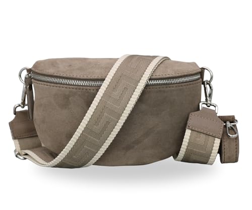 BRISE Bauchtasche Damen Echtes Wildleder SAHEL Handgemachte Umhängetasche Crossbody Bag Hüfttasche mit Ledergurt + Optionalen Breiten Gemusterten Riemen Gürteltasche Made in Italy (Dunkeltaupe 3) von Brise Art