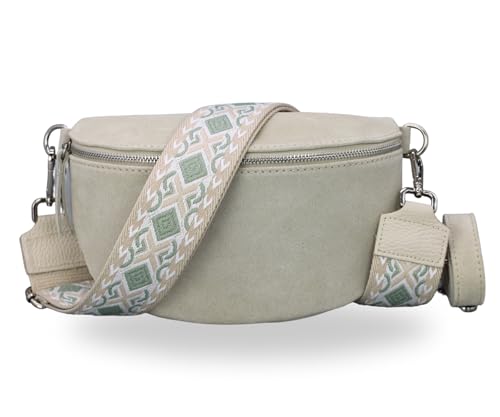 BRISE Damen Bauchtasche SAHEL Handgemachte Umhängetasche Crossbody Bag Tasche Gürteltasche Echtes Wildleder mit Ledergurt + Breiten Gemusterten Riemen Stylische Made in Italy Hüfttasche (Beige 2) von Brise Art